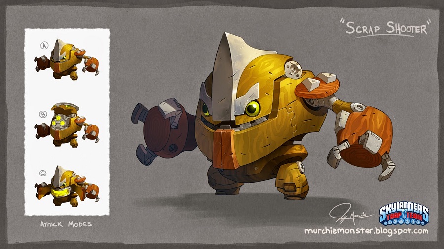 Scrap Shooter's final concept design and his concept sketches