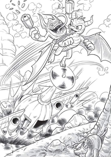 Spyro and Trigger Happy working together after their attack on the troll fighter planes.