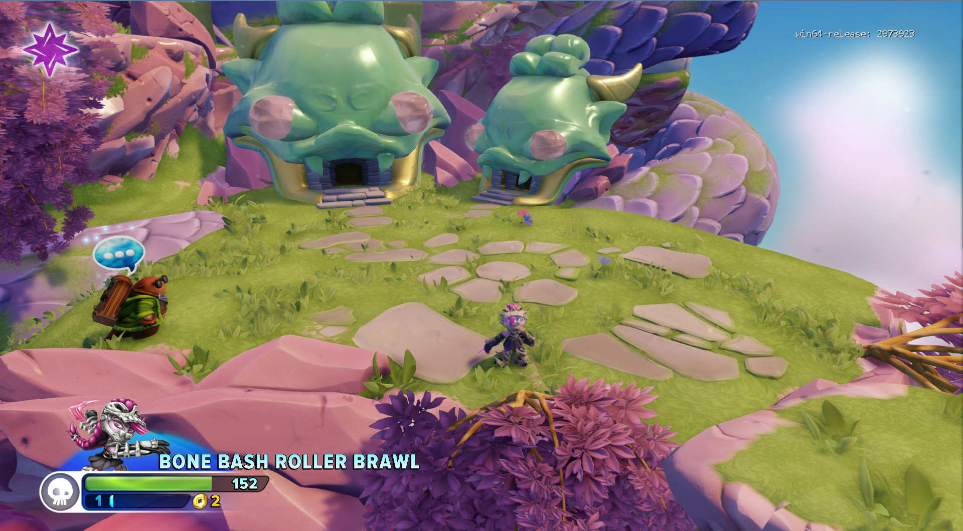 Early development screenshot of the Dragon Temple with different dragon heads and Hugo set as the level guide