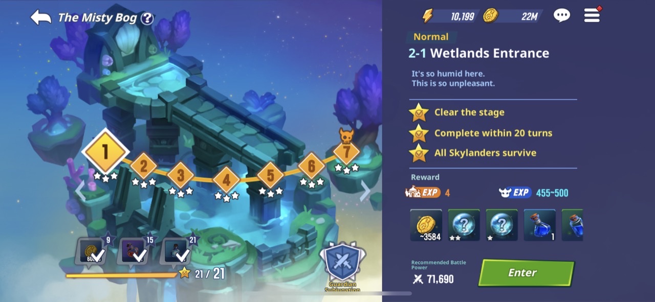 Misty Bog's current mission screen