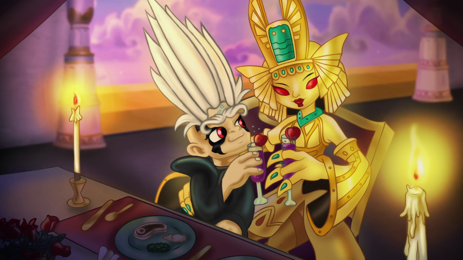 A mabu painting of Kaos and the Golden Queen having a romantic dinner.