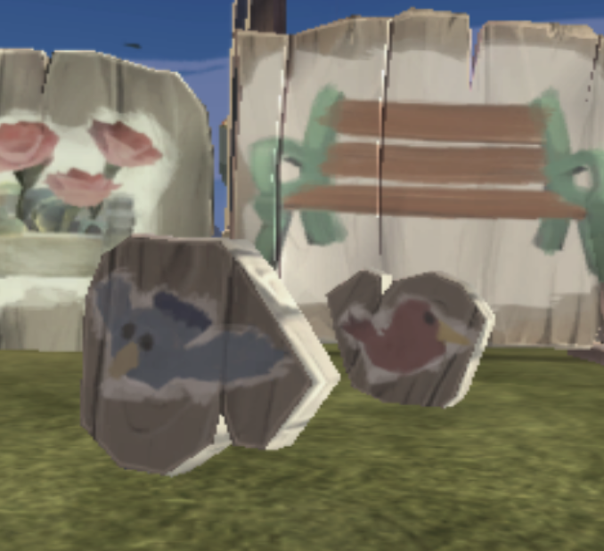 Red and Blue Bird cuttouts seen in Wilikin Village