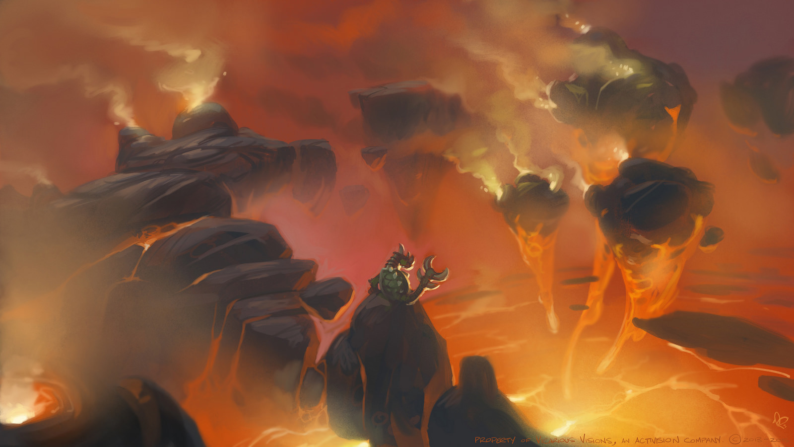 Concept art by Dave Phillips of Slobber Tooth trekking through a Fire Zone