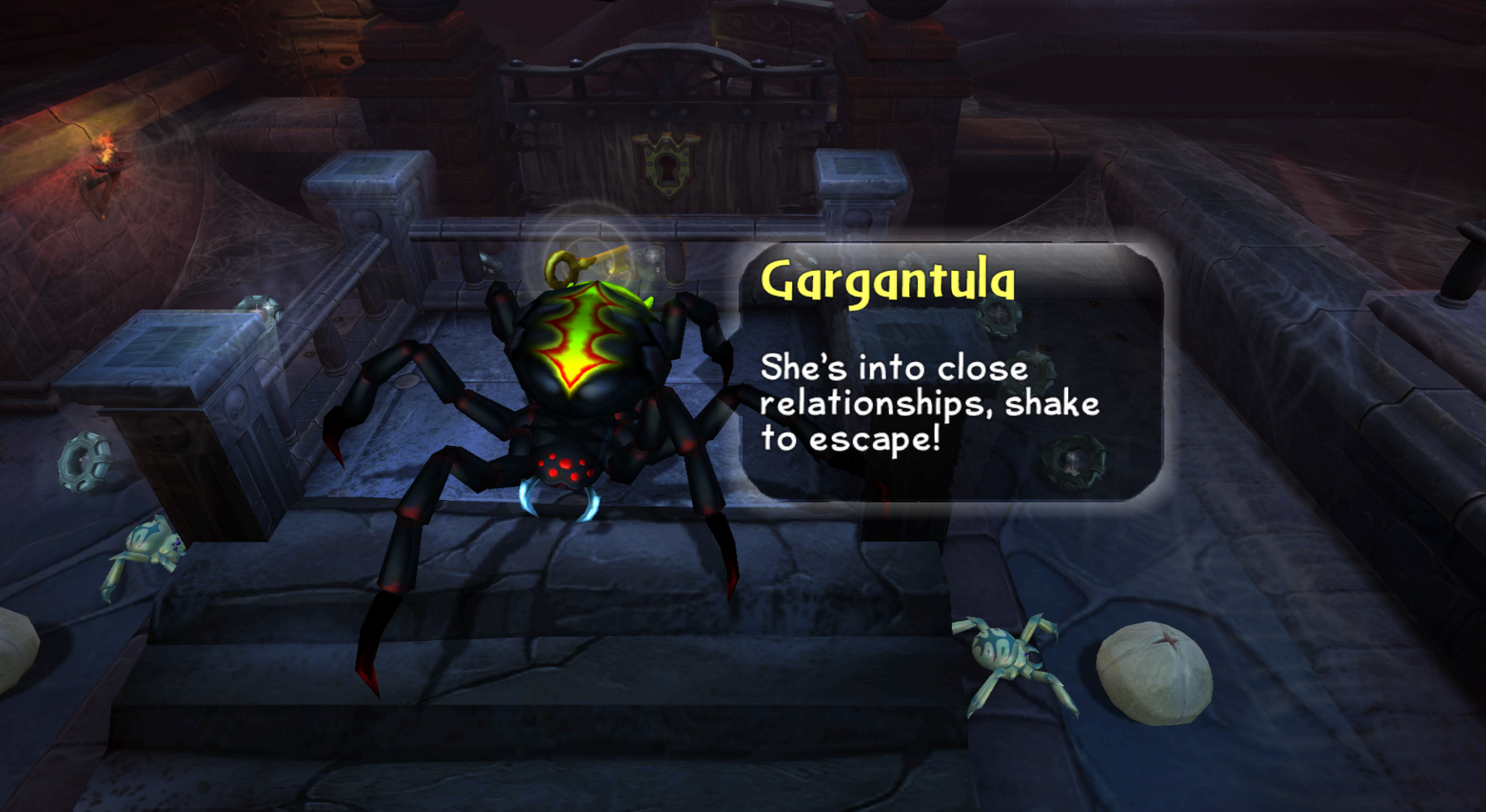Gargantula's enemy intro in Skylanders: Spyro's Adventure at Crawling Catacombs (Wii)