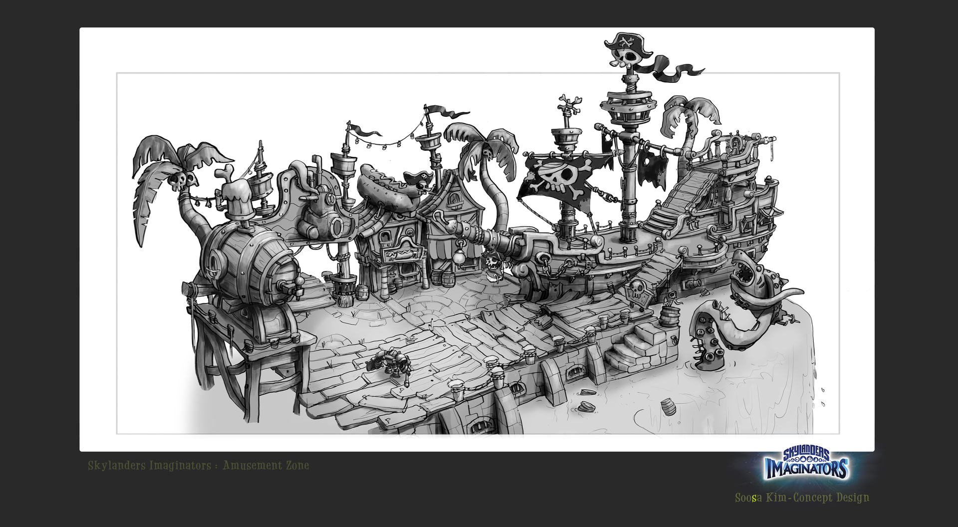 Concept art by Soosa Kim of a scrapped Pirate Zone in Abandoned Amusement Park