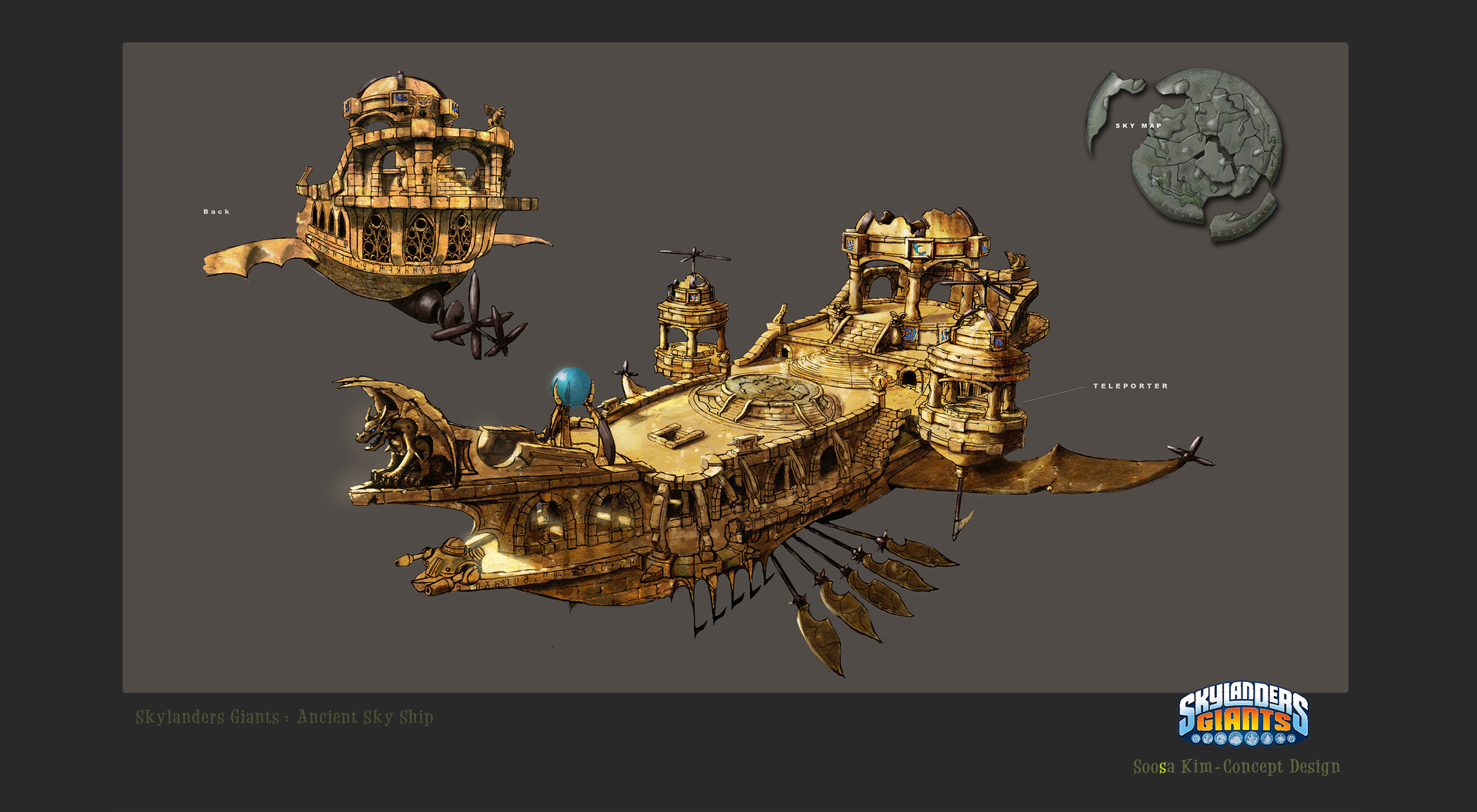 Concept art by Soosa Kim of a scrapped Ancient Sky Ship in place of the Dread-Yacht