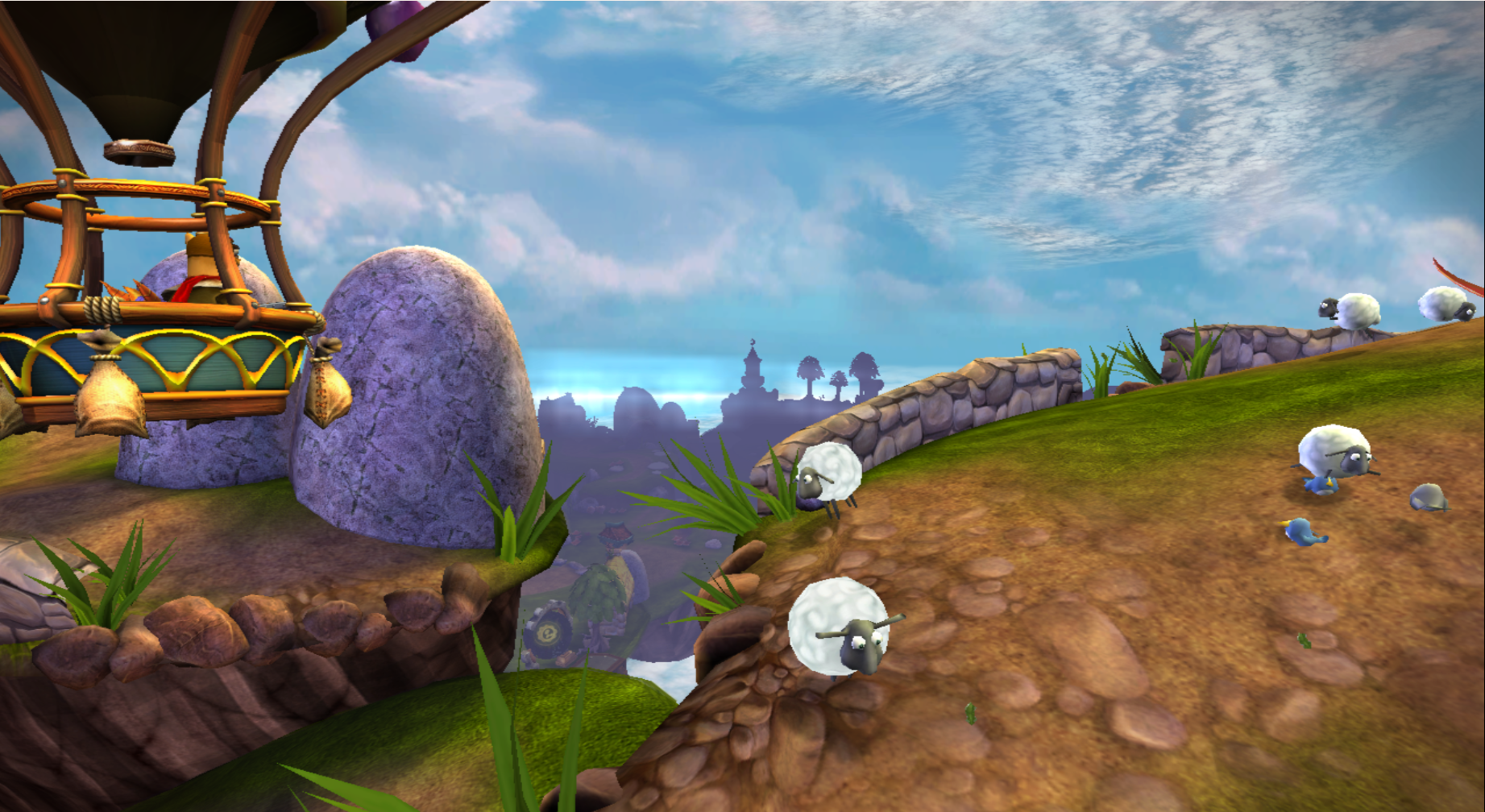 Flynn's balloon flying past some sheep