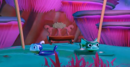 Krayken and Breezewing's cameos as water floaties in an Enchanted Elven Forest selfie spot