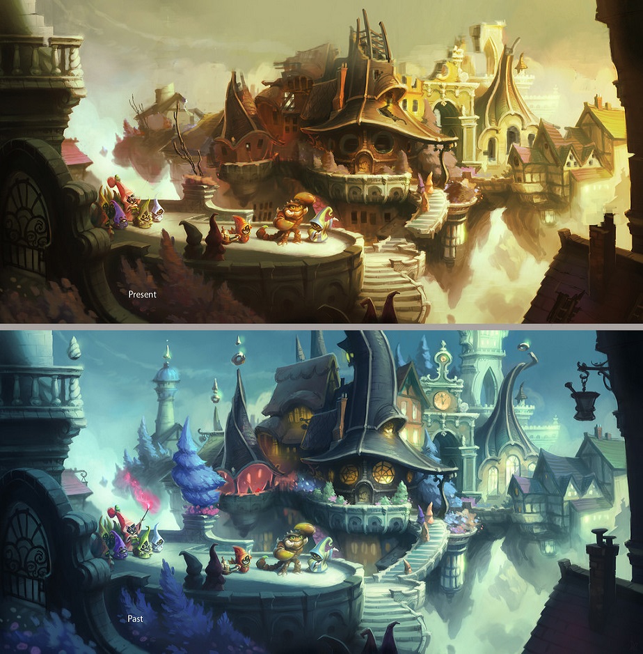 Concept art of the Past and Present states of the Spell Punk Library