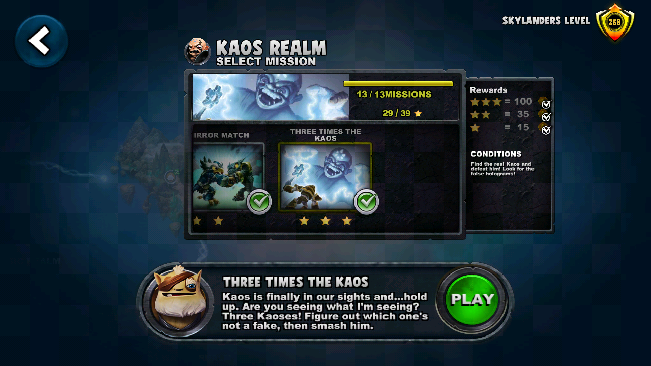 The Kaos Realm's mission select screen.