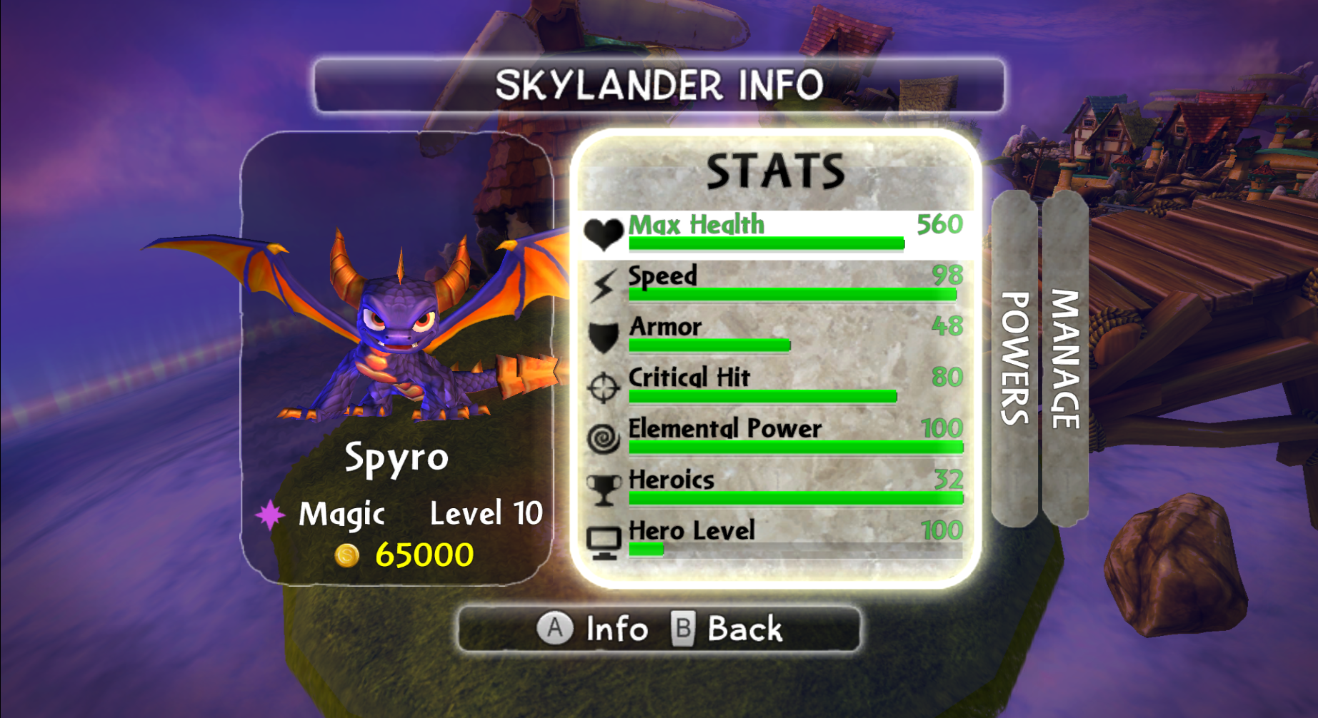 Spyro's stats screen in Skylanders: Spyro's Adventure (maxed out)