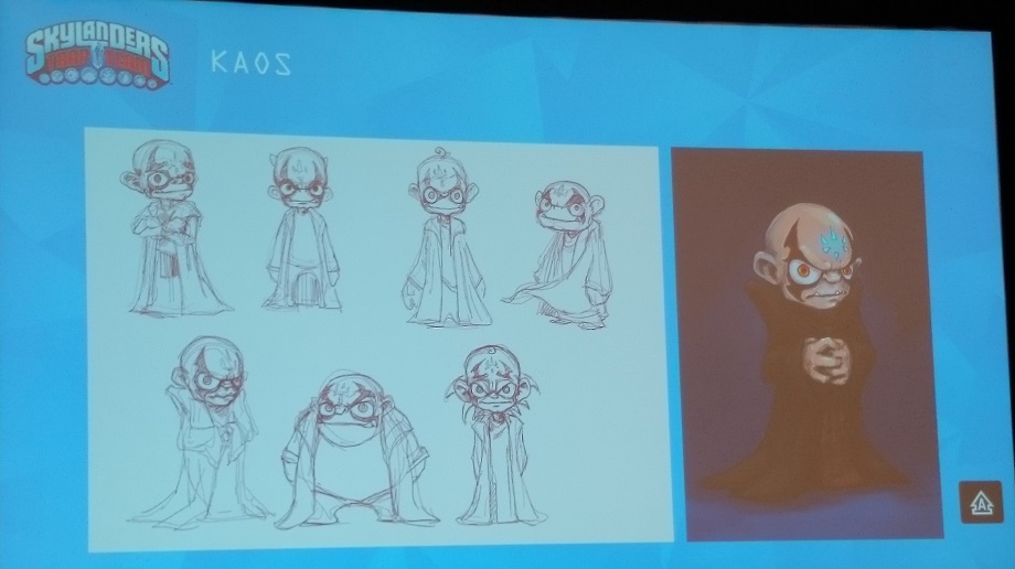 A set of concept drawings of Kaos, with Richard Steven Horvitz showing how each one would sound, along with how he fits into the Trap Team world and having to work side by side with the Skylanders