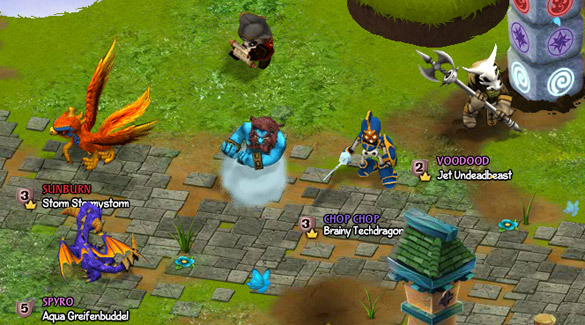 A screenshot of online players dancing near an elemental totem in Skylanders: Universe