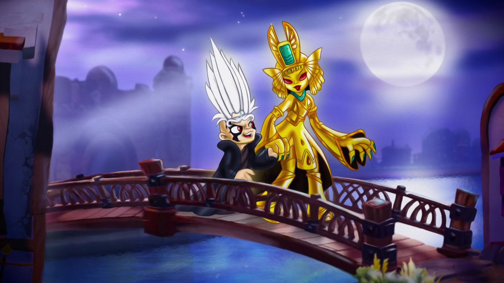 A mabu painting of Kaos and the Golden Queen taking a walk under the light of a full moon.