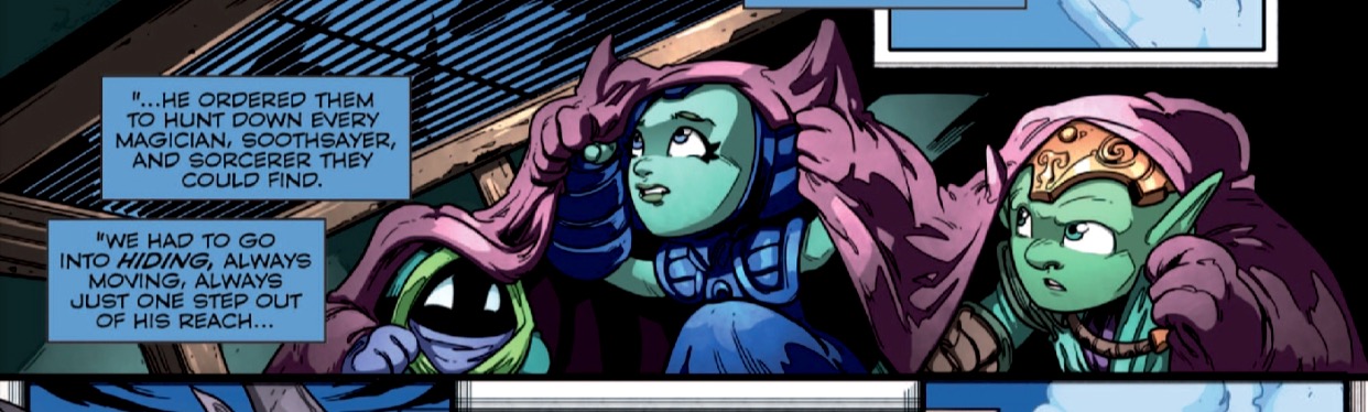 Hex and her Sorcerer companions hiding from Malefor's raid on the magic community.