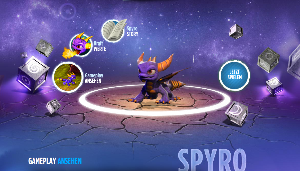 Screenshot of Spyro's page from the original version of the official Skylanders website