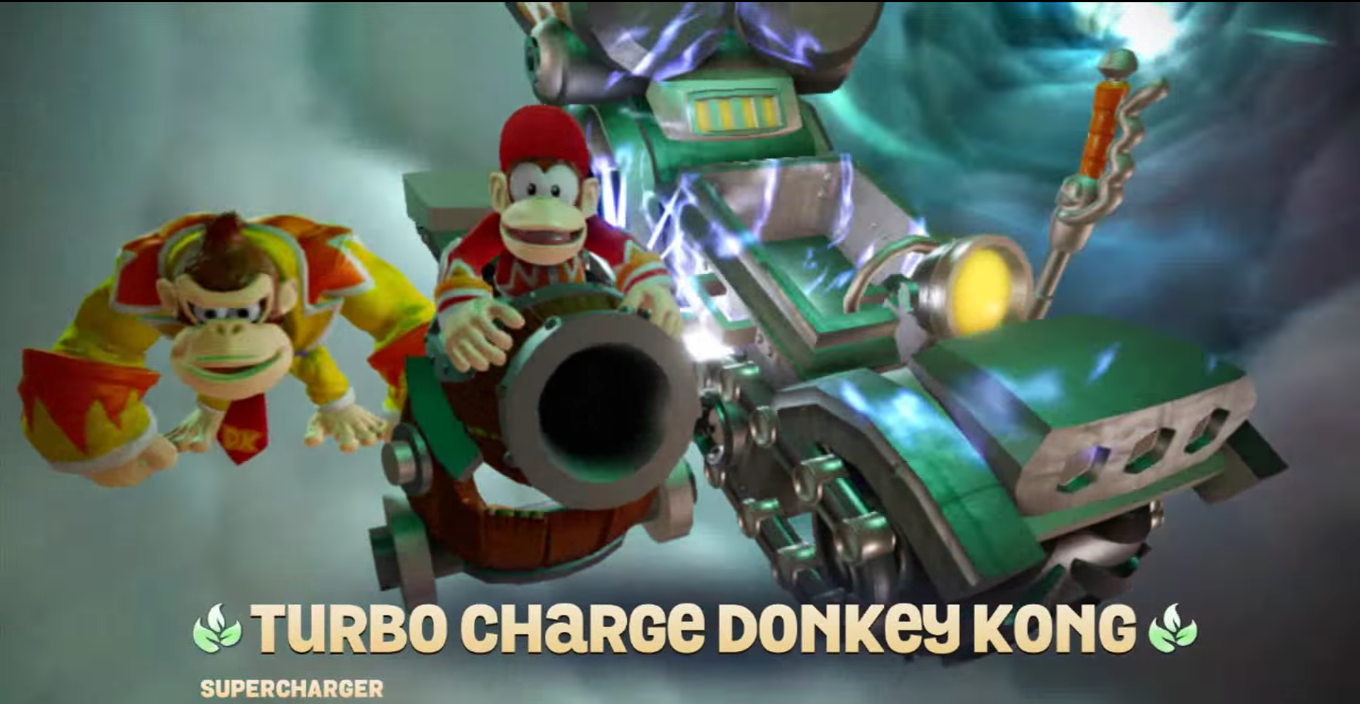 Diddy Kong and Donkey Kong in the Barrel Blaster ingame.