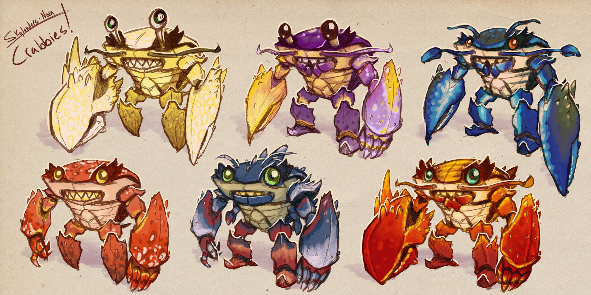 Concept art of various crab design colors by Jeff Bellio