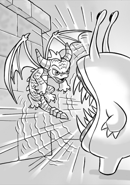 Spyro being cornered by a mega-sized Chompy in Spyro versus The Mega Monsters