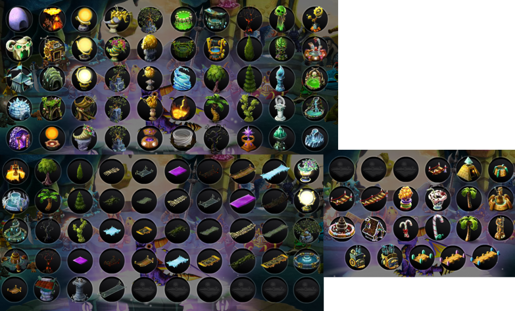 Various decorations for Skylands, including elemental and holiday ones.