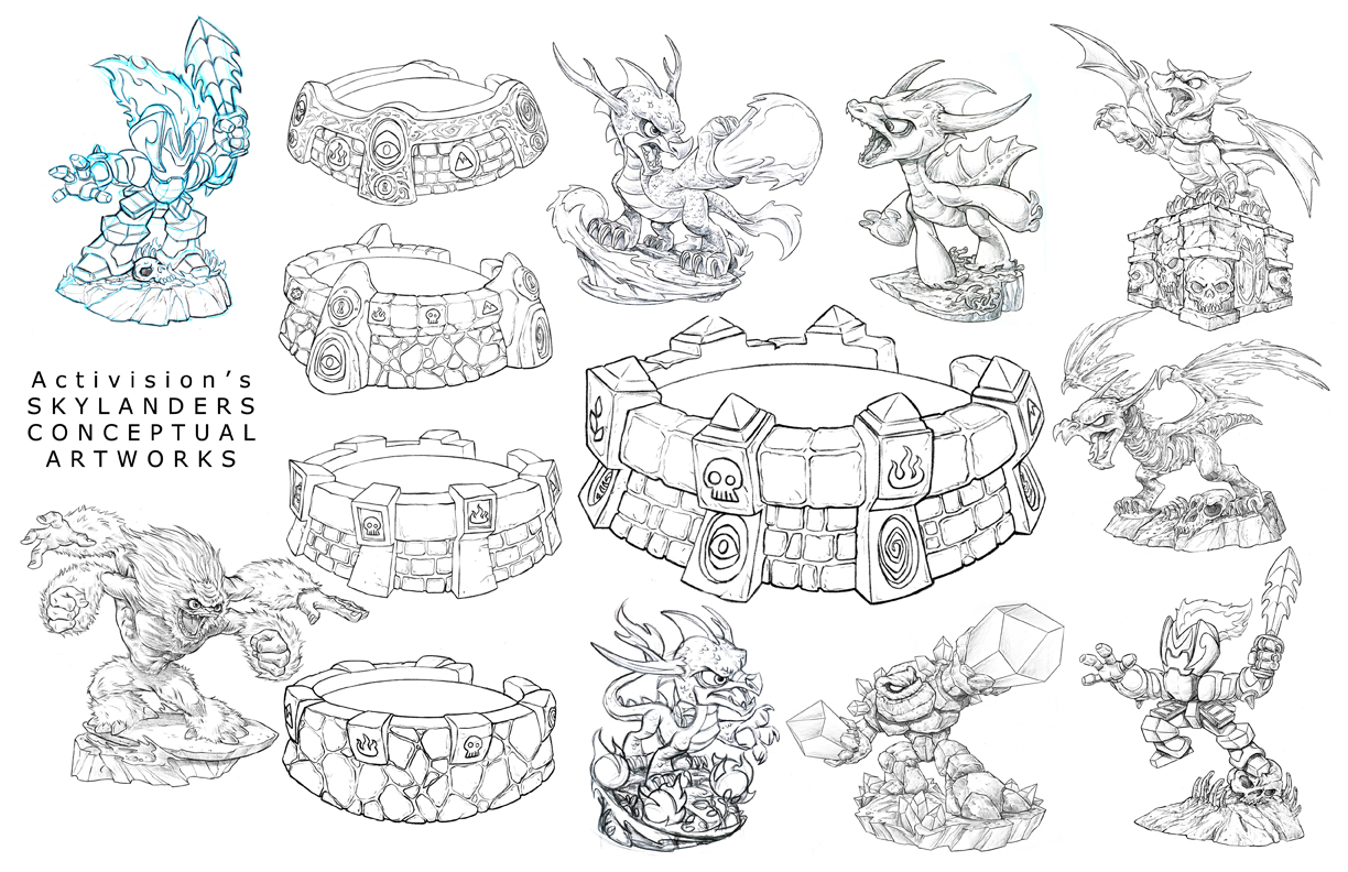 Early conceptual Skylanders designs that include an early version of Cynder and Vathek