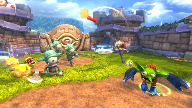 Boomer and Ghost Roaster battling Cyclops Choppers and a Chompy in Stonetown