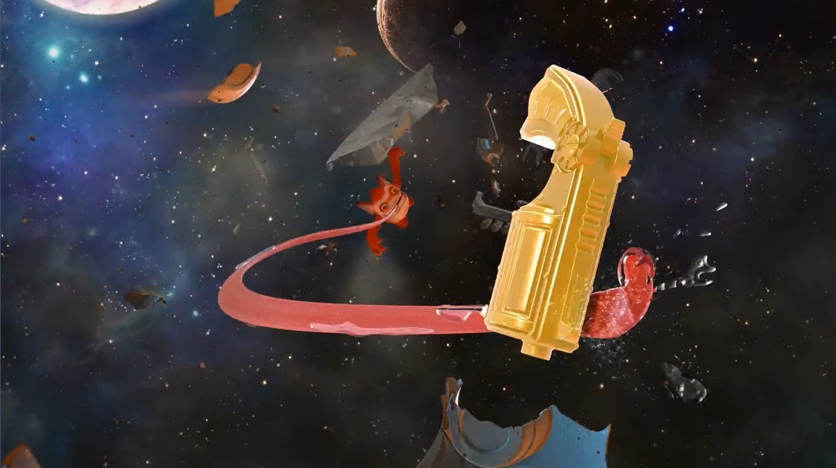 Trigger Happy grabbing one of his golden guns with his tongue in The Beginning trailer