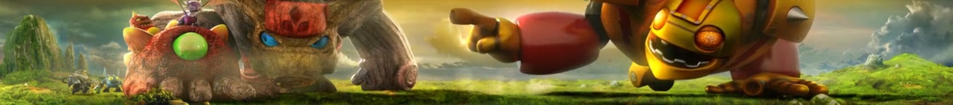 Pop Fizz, Cynder, Eruptor and Jet-Vac with Tree Rex and Bouncer in the Skylanders: Giants E3 "ONE GIANT TRAILER"