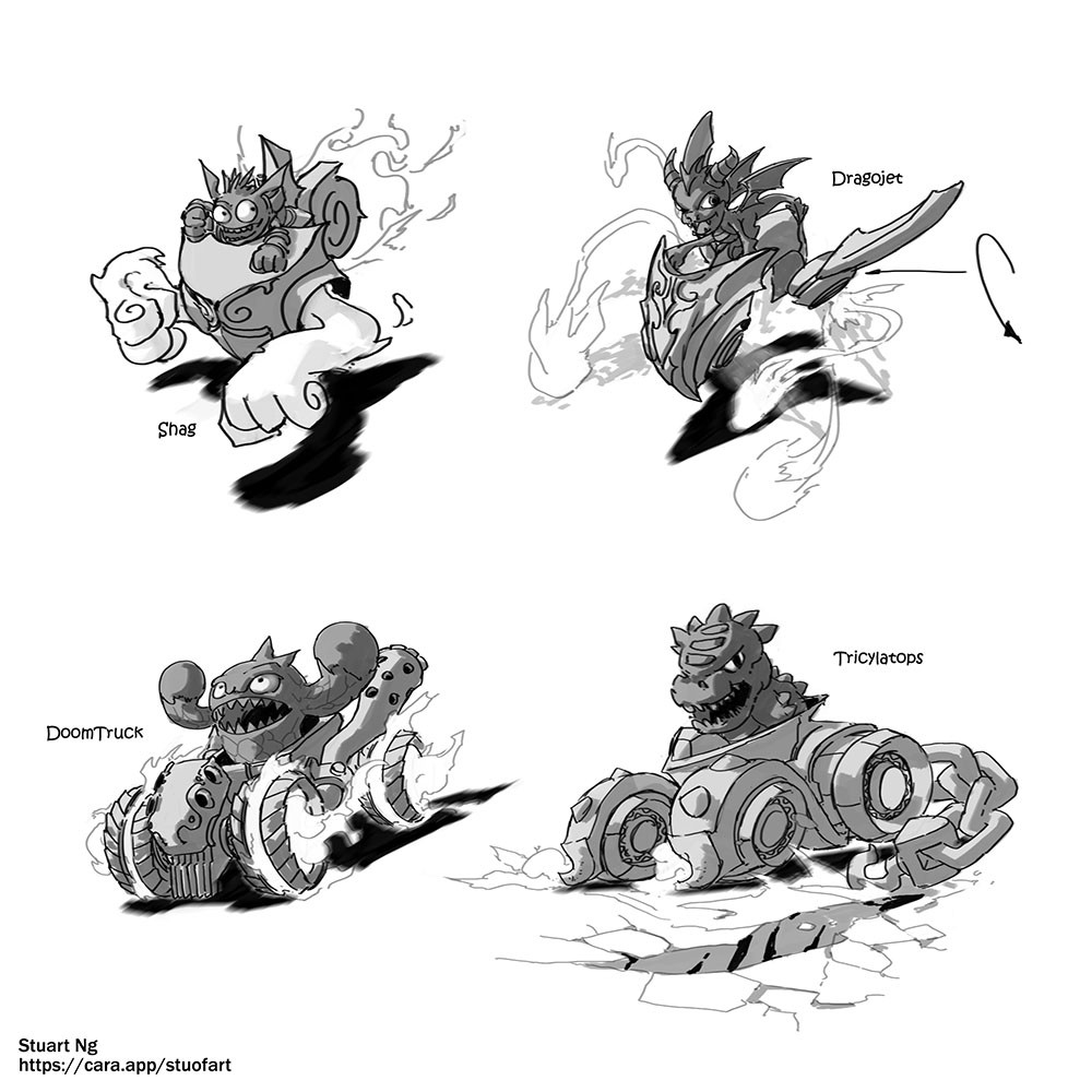 A series of vehicle concepts for Skylanders Superchargers in early development by Stuart Ng