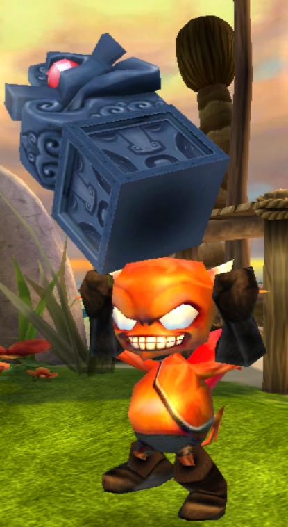 A Hob 'n' Yaro holding one of the shrine statues in Leviathan Lagoon
