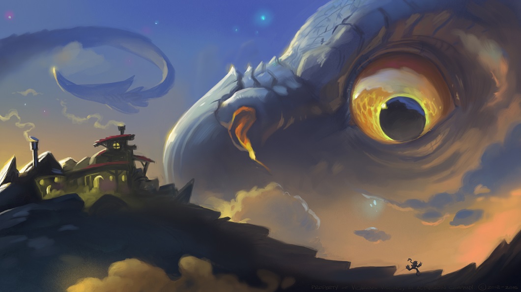 Initial concept of the Cloudbreather's Crag by Dave Phillips, set on the back of a massive dragon
