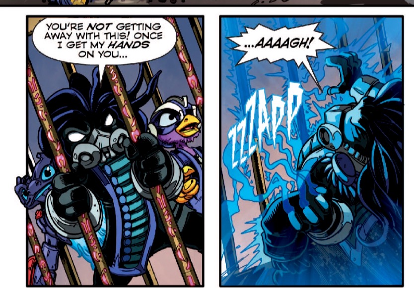 Nightfall being shocked by touching the rune inscribed bars of the cage