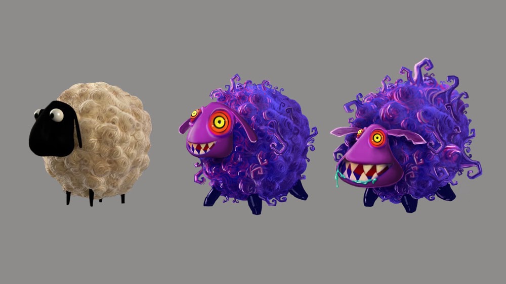 Concept art by Ivy Tai of the sheep and its transformation to its Berserker form from the effects of Pop Fizz's potion.