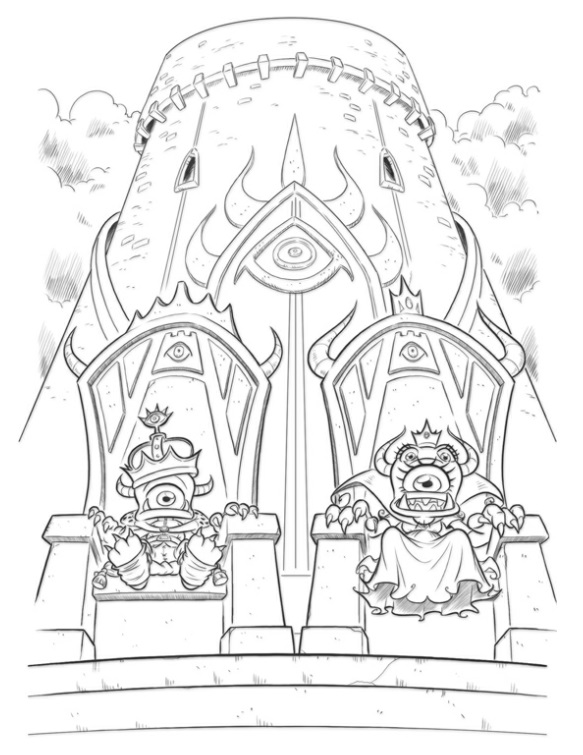 The Queen and her husband Pipsqueak in the novel, Skylanders: Lightning Rod Faces the Cyclops Queen