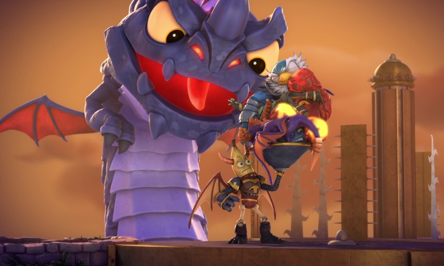 The Skylanders and Cy failing their second Fire Viper training simulation