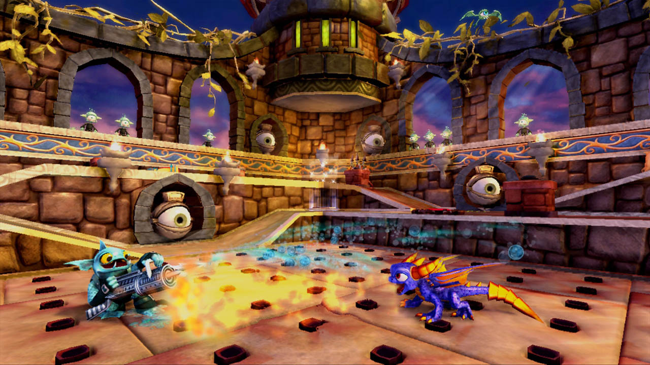 Spyro unleashing fire upon Gill Grunt in Cyclops Square