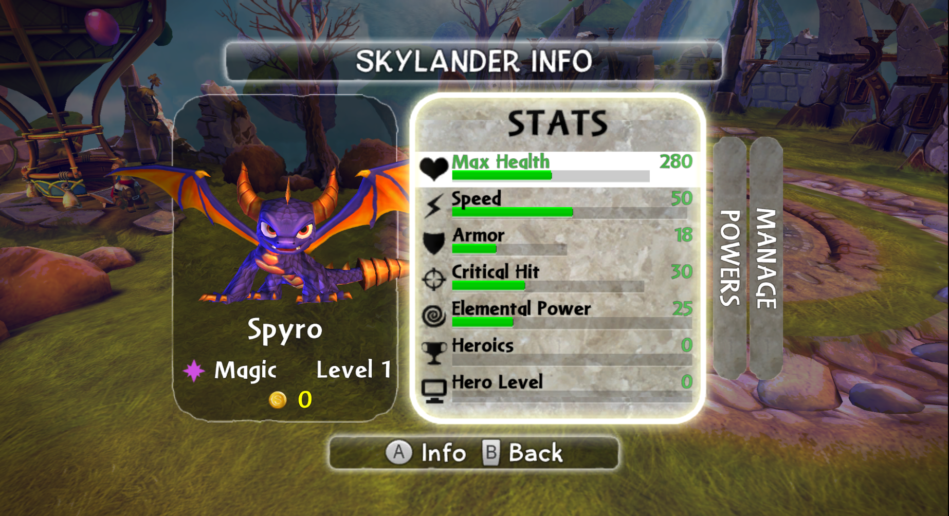 Spyro's stats screen in Skylanders: Spyro's Adventure