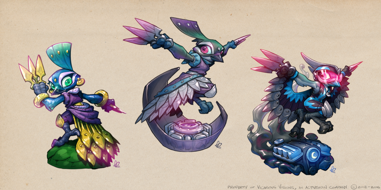 Few of Stormblade's concept designs, including her original peacock design and a concept idea of Stormblade being a Dark Skylander by Dave Phillips[4]