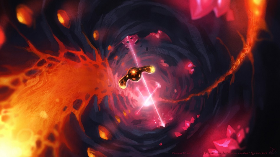 Environment concept art piece of the Skylander, Eruptor, falling down the gullet of the Fire Viper.