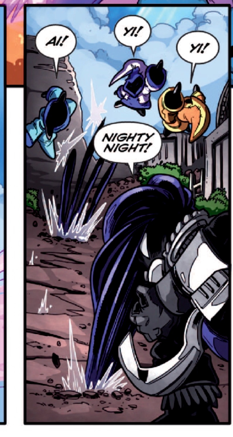 Nightfall attacking Spell Punks with her hair