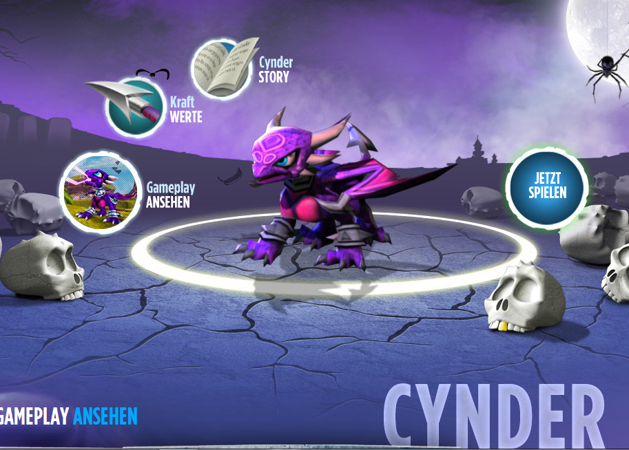 Cynder's page from the old version of the official Skylanders website