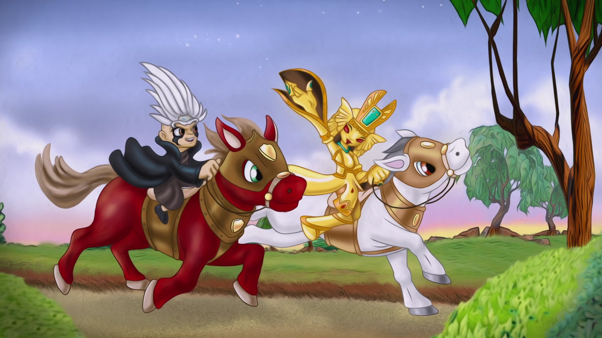 A mabu painting of Kaos and the Golden Queen riding horses.