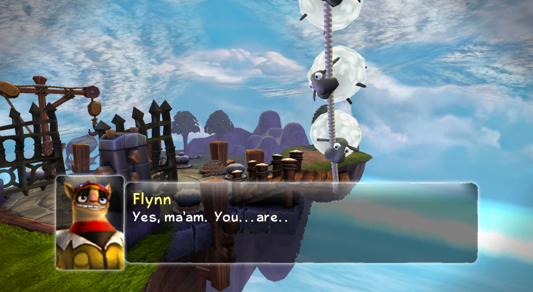 Three sheep hanging on to Flynn's balloon at Perilous Pastures