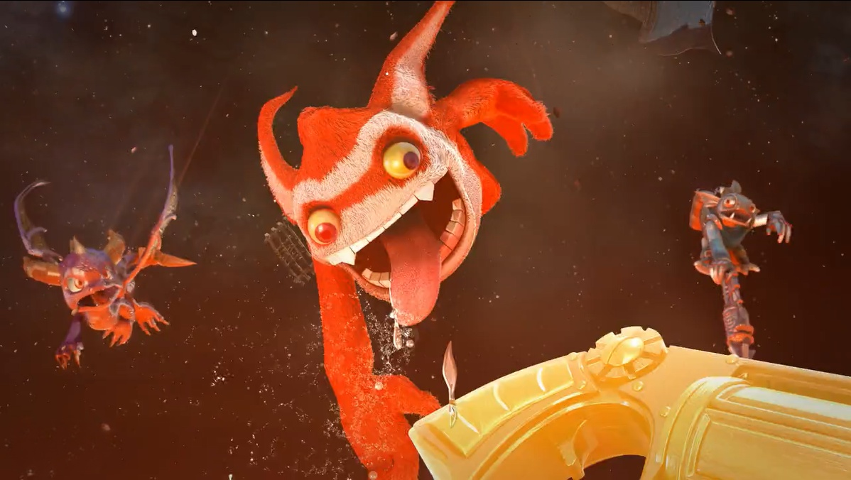 Spyro, Gill Grunt, and Trigger Happy getting launched away from Skylands in The Beginning trailer