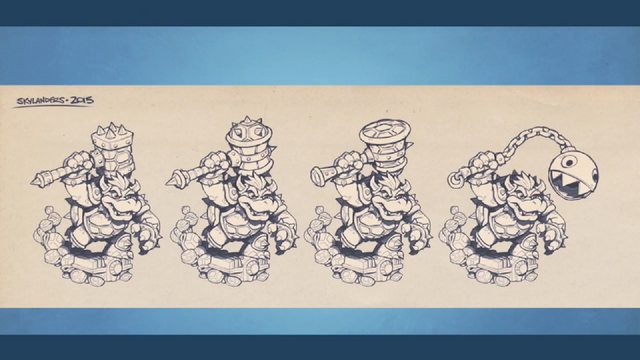 Concept art of Hammer Slam Bowser's original weapons for SuperChargers
